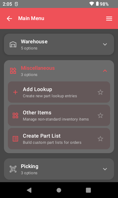 Main menu miscellaneous options